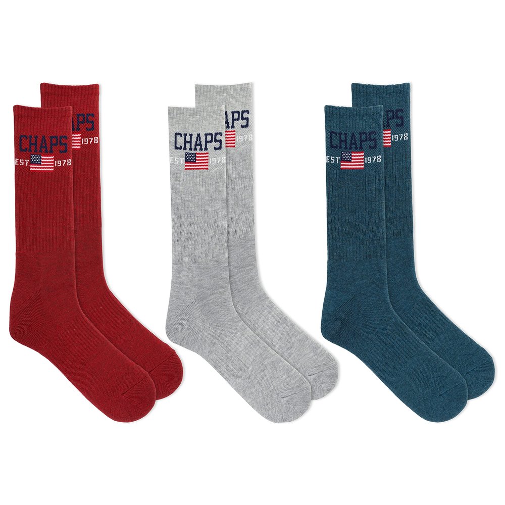 Chaps Men's Casual Cushioned Logo with Flag Crew Socks 3 Pair Pack, Red Assorted, Men's Shoe Size: 6-12