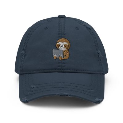 Sloth Working Studying hat, Embroidered Unisex hat, Sloth Gifts, Nerdy Sloth, Funny Sloth hat, Distressed Dad Hat Navy