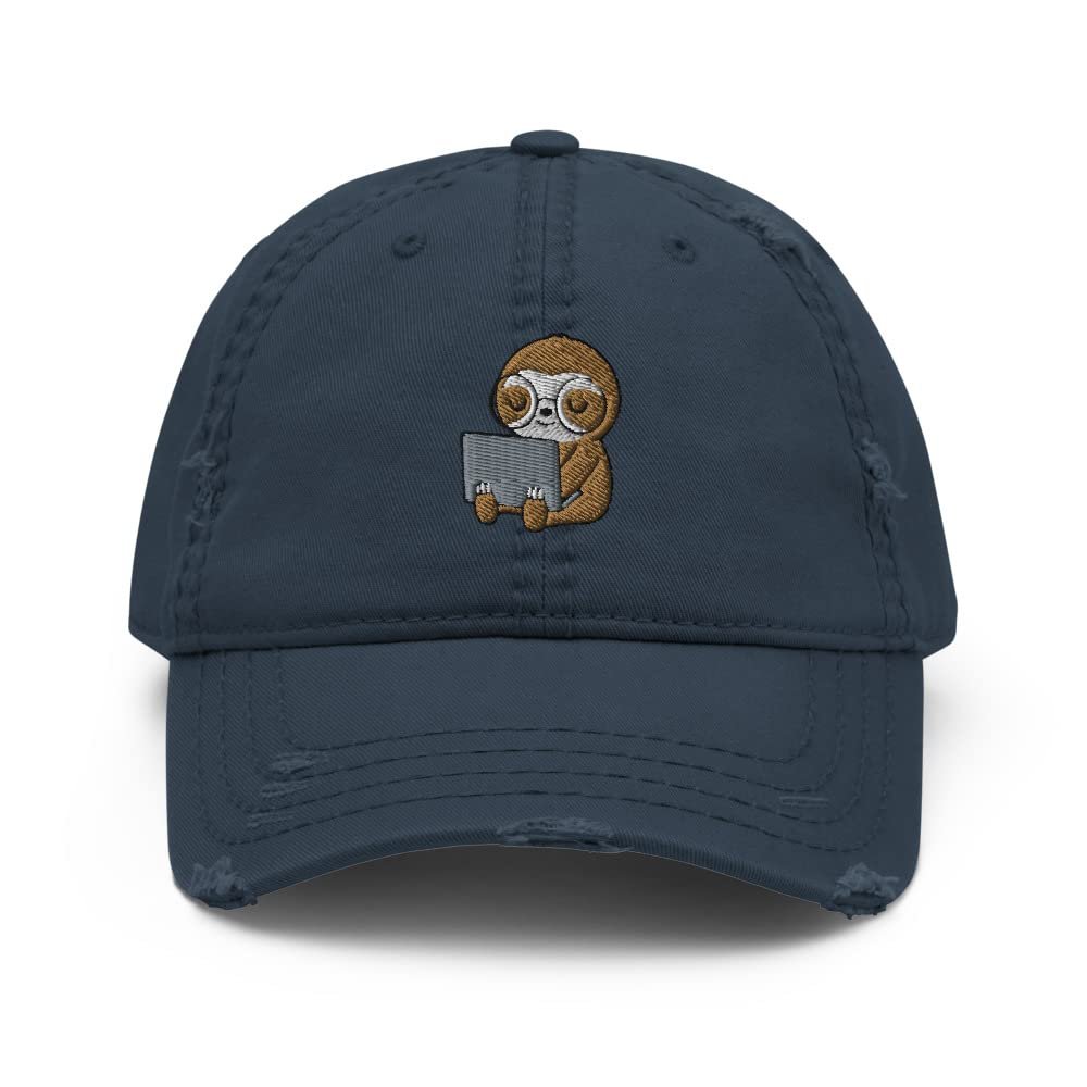 Sloth Working Studying hat, Embroidered Unisex hat, Sloth Gifts, Nerdy Sloth, Funny Sloth hat, Distressed Dad Hat Navy