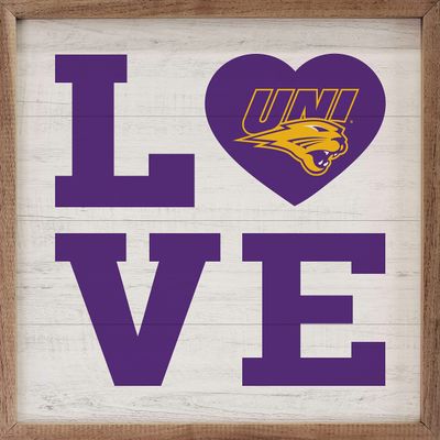 Kendrick Home + Stadium University of Northern Iowa Panthers UNI Love Heart Collegiate Framed Square Wood Sign With State And Team Logo Hawk (8x8)