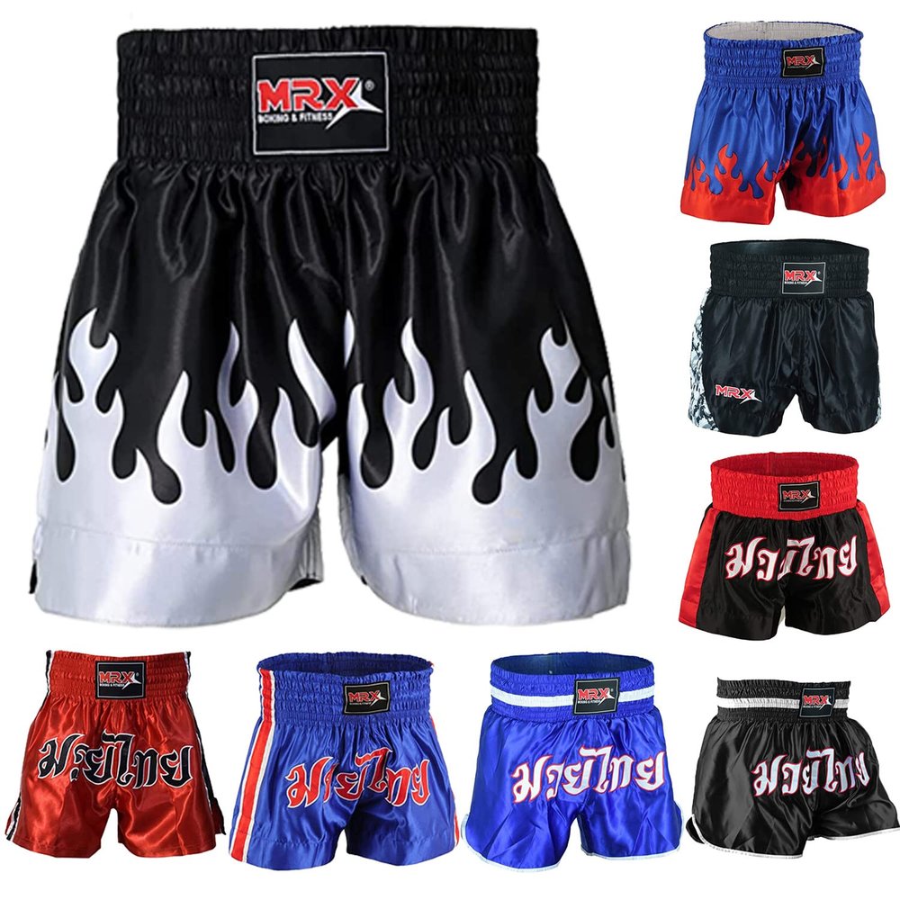 MRX Muay Thai Shorts for Men Training, Kickboxing, Fighting, Boxing Shorts for Martial Arts, Grappling, Cage Fight, BJJ Blue/Silver Flame X-Small
