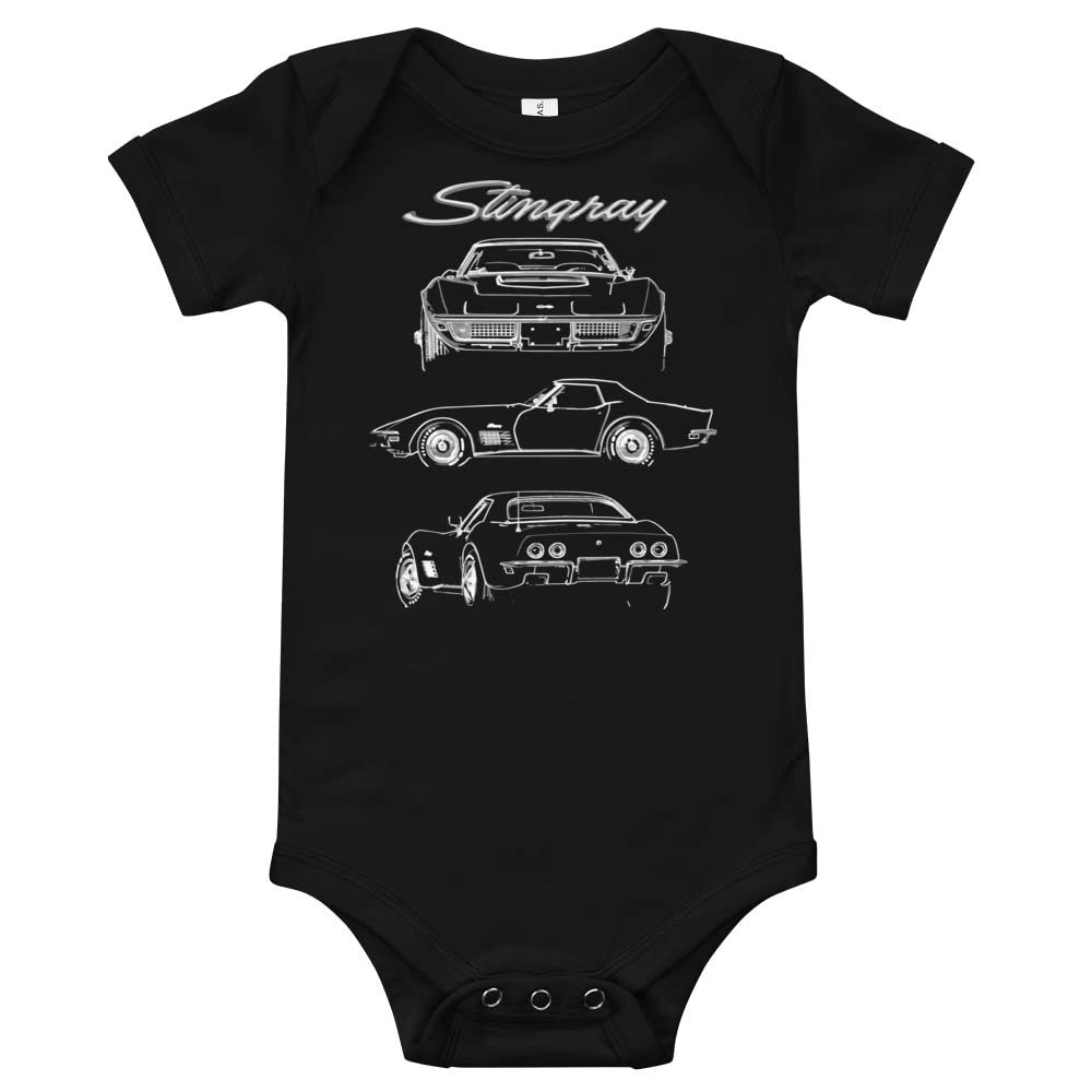 1970 C3 'Vette Stingray Muscle Car Classic Cars Baby Onesie Short Sleeve one Piece Black
