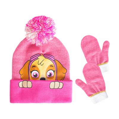 PAW Patrol Kids Beanie Hat and Gloves Set, Cuff Winter Knit Cap with Pom and Mittens, Skye, One Size