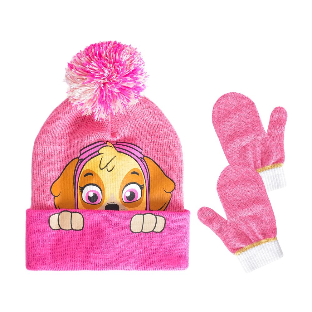 PAW Patrol Kids Beanie Hat and Gloves Set, Cuff Winter Knit Cap with Pom and Mittens, Skye, One Size