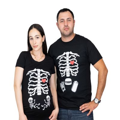 Womens Pregnancy Skeleton Twin Babies X-ray T-Shirts Halloween Party Funny Shirt (Maternity Small)