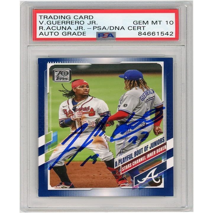 Ronald Acuna Vladimir Guerrero Jr 2021 Topps Series 1 Royal Blue Autograph Card #61 PSA/DNA 10