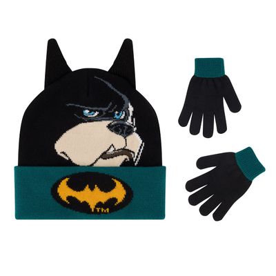 DC Comics League of Super Pets Kids Beanie Hat and Gloves, Ace The Bat Hound Cuff Winter Knit Cap and Glove Set, Black, One