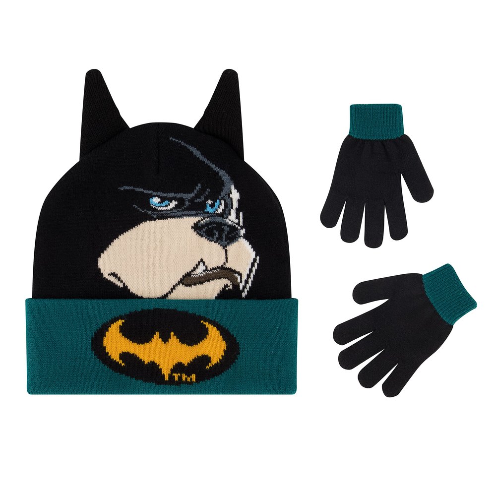 DC Comics League of Super Pets Kids Beanie Hat and Gloves, Ace The Bat Hound Cuff Winter Knit Cap and Glove Set, Black, One