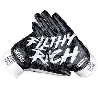 Battle Sports Filthy Rich Black Wide Receiver Football Gloves, Ultra Stick Adult & Youth Gloves - Adult Large, Black/White