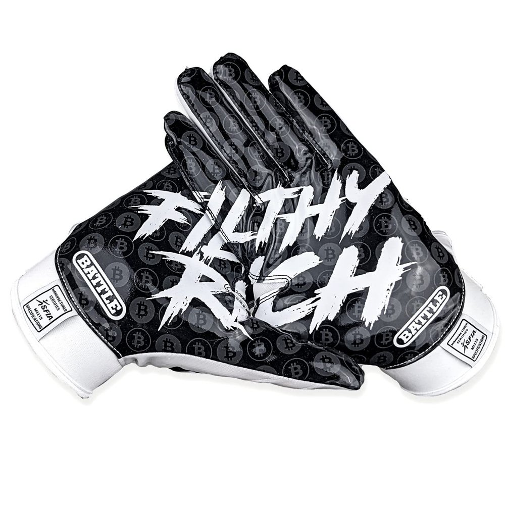 Battle Sports Filthy Rich Black Wide Receiver Football Gloves, Ultra Stick Adult & Youth Gloves - Adult Large, Black/White