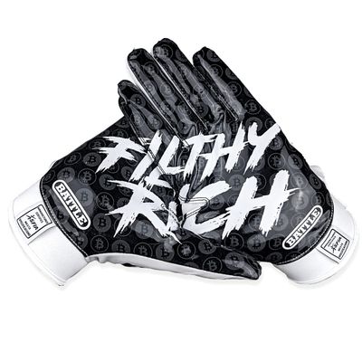 Battle Sports Filthy Rich Black Wide Receiver Football Gloves, Ultra Stick Adult & Youth Gloves - Adult X-Large, Black/White