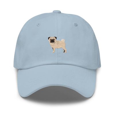 Pug hat, Embroidered Unisex Baseball hat, Pug Hats for Women, for Men, Pug mom hat, Pug dad hat, Pug Gifts. Light Blue
