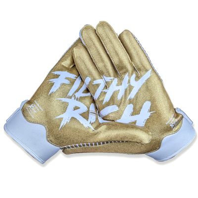 Battle Sports Filthy Rich Gold Wide Receiver Football Gloves, Ultra Stick Adult & Youth Gloves - Adult Large, White/Gold