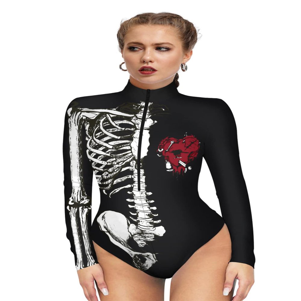 Honeystore Women's Skeleton Tight 1-Piece Swimsuit Halloween Party Bodycon Outfit BKAM-017 XL