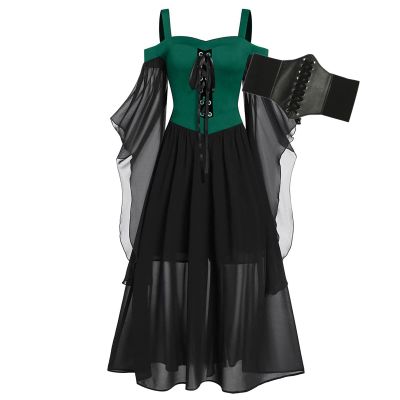 Medieval Costume Women with Corset, Gothic Clothes Cold Shoulder Steampunk Corset Dress Butterfly Sleeve Maxi Dress