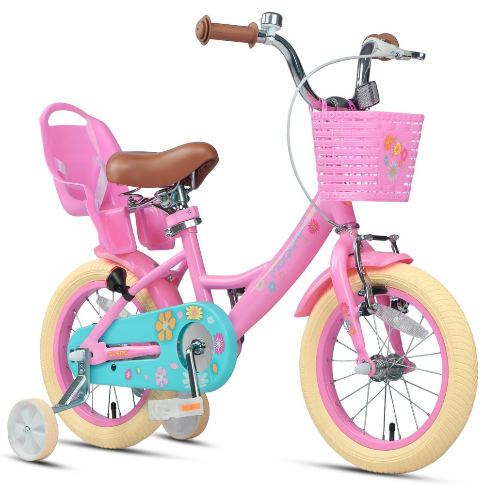 Glerc Maggie Girls Bike, 14 Inch Kids Bike for 3-5 Years Old Children, Princess Style Kids Bicycle with Doll-Seat & Basket & Training Wheels, Pink