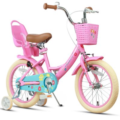 Glerc Maggie Girls Bike, 16 Inch Kids Bike for 4-7 Years Old Children, Princess Style Kids Bicycle with Doll-Seat & Basket & Training Wheels, Pink