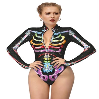Honeystore Women's Skeleton Tight 1-Piece Swimsuit Halloween Party Bodycon Outfit BKAM-011 XL