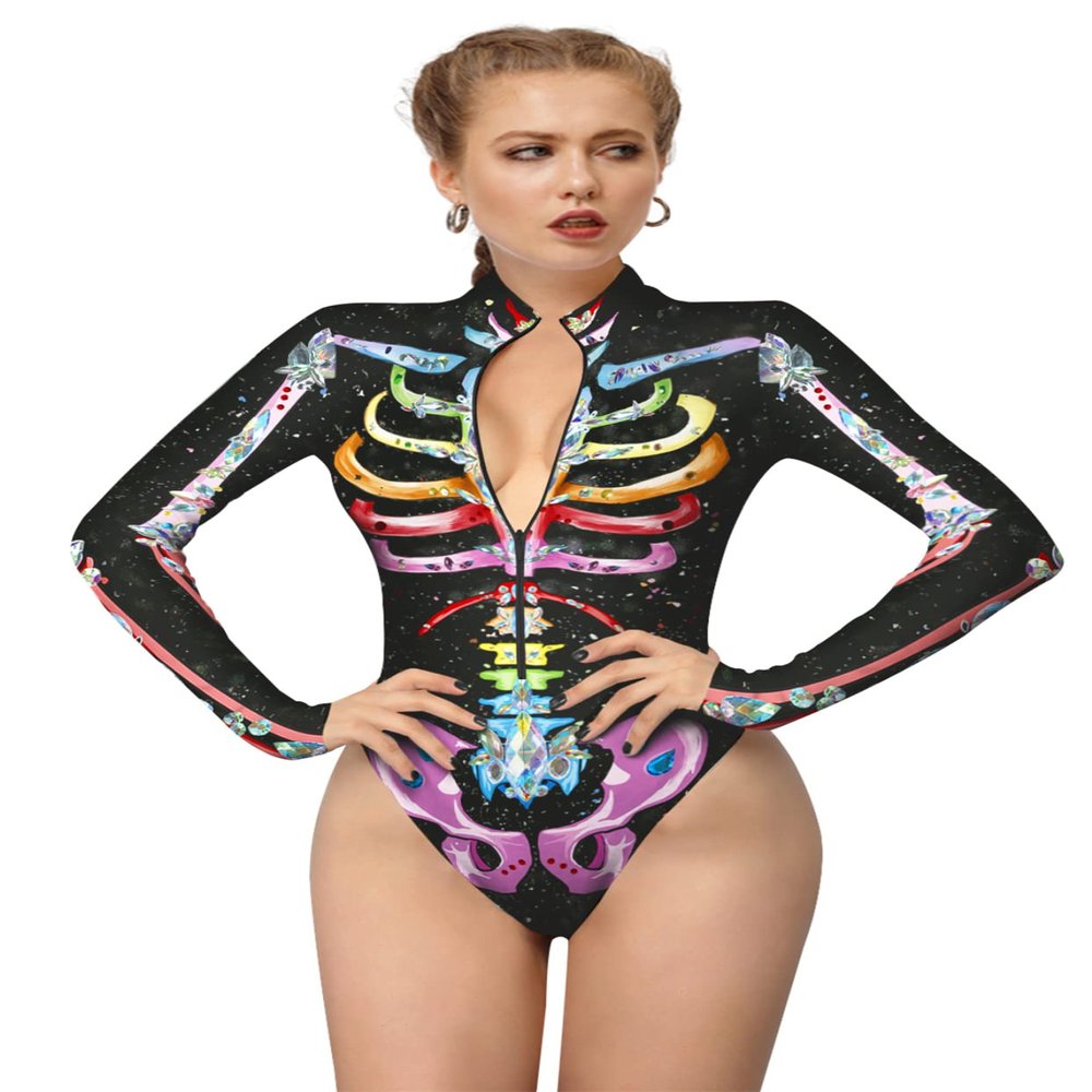 Honeystore Women's Skeleton Tight 1-Piece Swimsuit Halloween Party Bodycon Outfit BKAM-011 XL