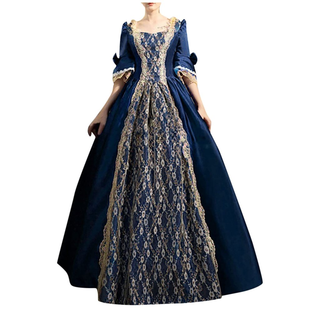 tuduoms Women's Renaissance Regency Dress Long Ball Gown Plus Size Halloween Cosplay Costumes 18th Century Medieval Dresses Dark Blue