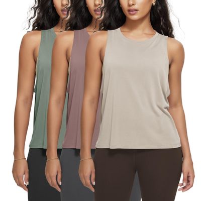 ODODOS 3-Pack Loose Tank Tops for Women Sleeveless Gym Athletic Workout Tops Basic Yoga Shirts, Abalone, Dusty Rose, Sage Green, X-Large