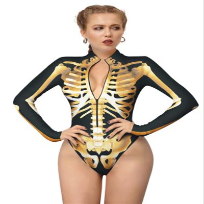 Honeystore Women's Skeleton Tight 1-Piece Swimsuit Halloween Party Bodycon Outfit BKAM-003 XL