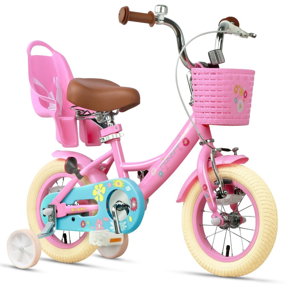 Glerc Maggie Girls Bike, 12 Inch Kids Bike for 2-4 Years Old Children, Princess Style Toddler Bike with Doll-Seat & Basket & Training Wheels, Pink