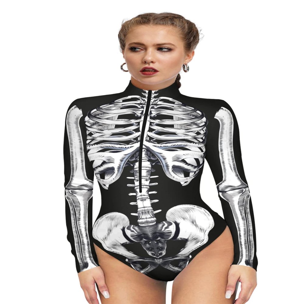 Honeystore Women's Skeleton Tight 1-Piece Swimsuit Halloween Party Bodycon Outfit BKAM-021 L