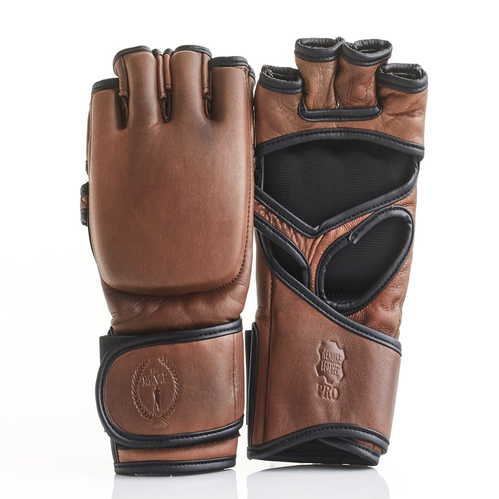 Modest Vintage Player, PRO Heritage Brown Leather MMA Gloves (Large/XL) - Genuine Full Grain Leather