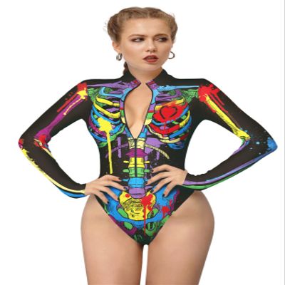 Honeystore Women's Skeleton Tight 1-Piece Swimsuit Halloween Party Bodycon Outfit BKAM-007 XL