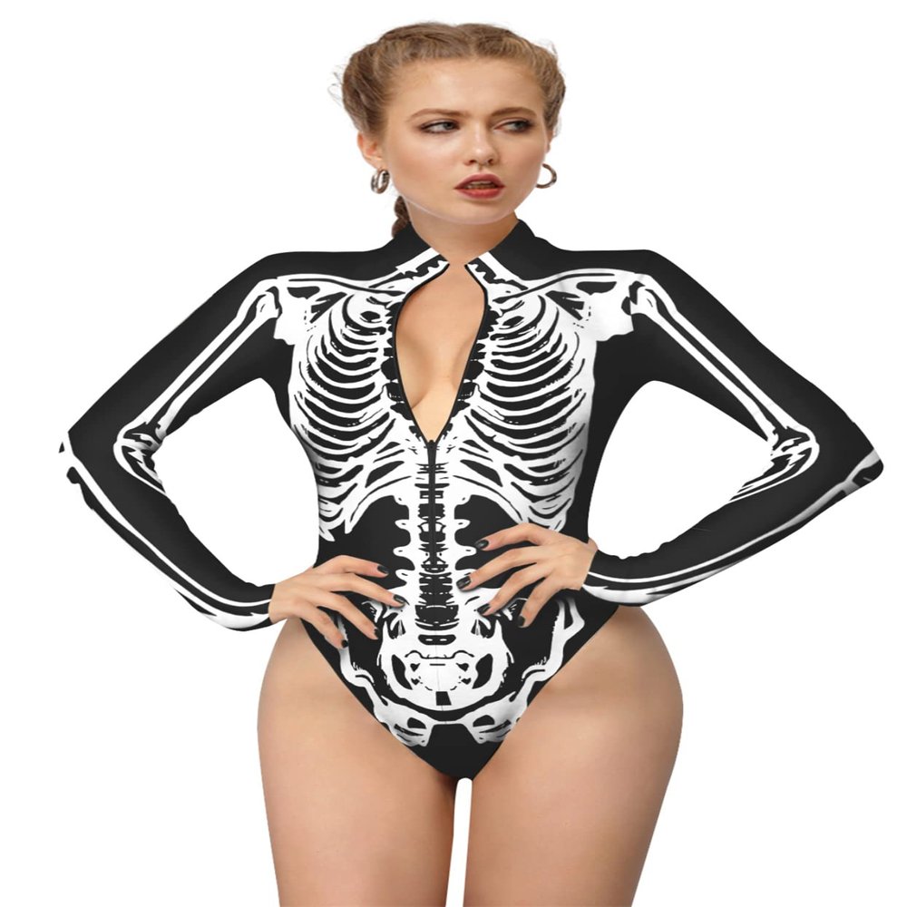 Honeystore Women's Skeleton Tight 1-Piece Swimsuit Halloween Party Bodycon Outfit BKAM-016 XL