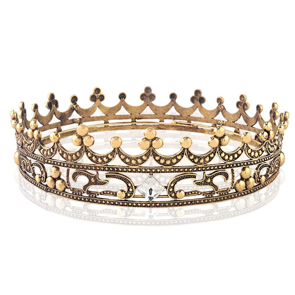 Full Crystal Queen King Wedding Queen Princess Prom Tiara Round Crown For Wedding Prom Bridal Party Costume (Dark Gold)