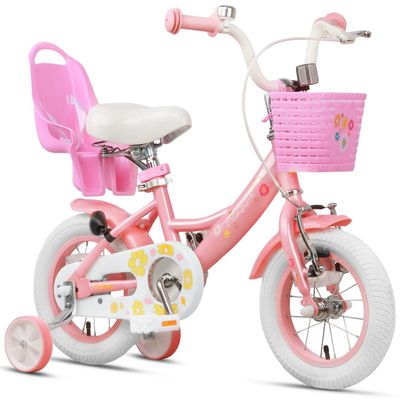 Glerc Maggie Girls Bike, 12 Inch Kids Bike for 3-5 Years Old Children, Princess Style Toddler Bike with Doll-Seat & Basket & Training Wheels, Pink & White