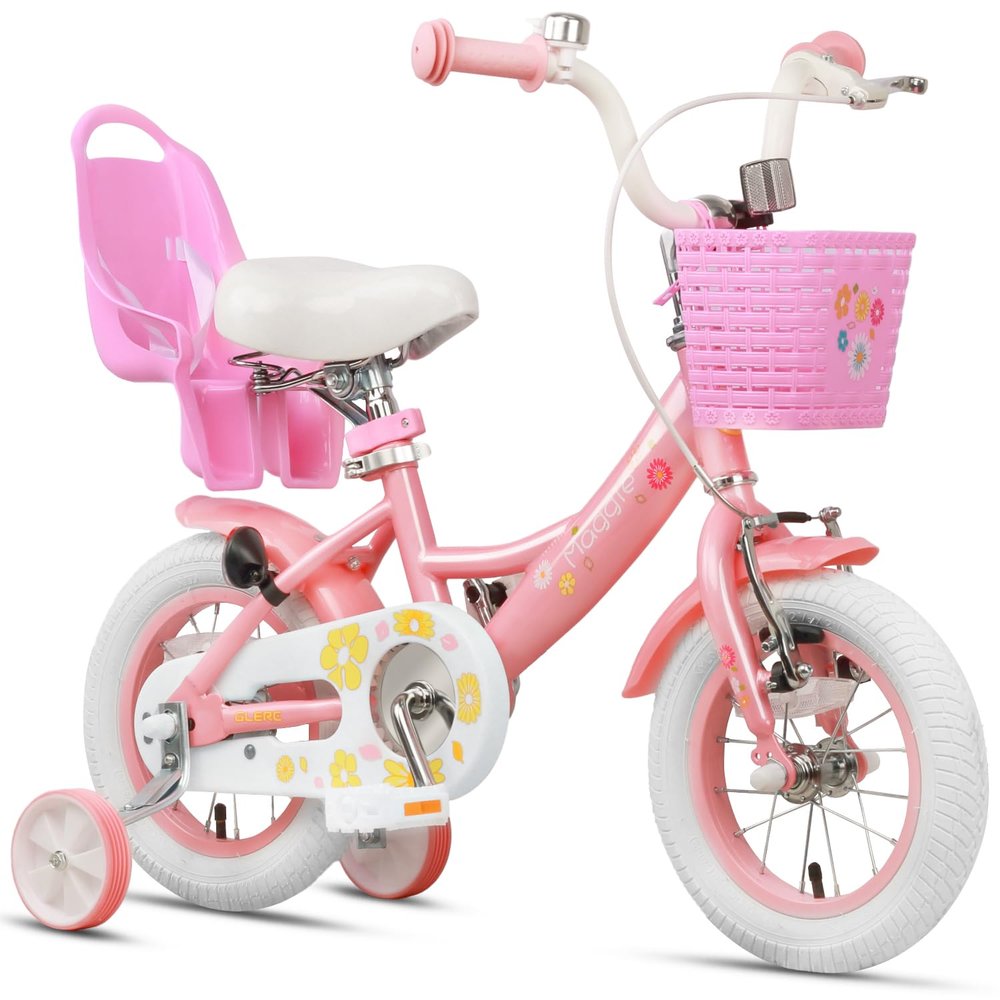 Glerc Maggie Girls Bike, 12 Inch Kids Bike for 3-5 Years Old Children, Princess Style Toddler Bike with Doll-Seat & Basket & Training Wheels, Pink & White