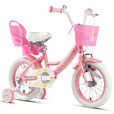 Glerc Maggie Girls Bike, 14 Inch Kids Bike for 3-5 Years Old Children, Princess Style Kids Bicycle with Doll-Seat & Basket & Training Wheels, Pink & White