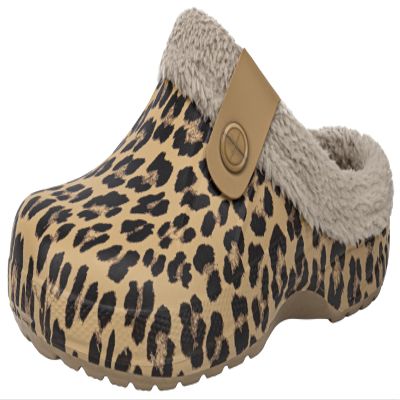 ChayChax Women and Men Fur Lined Clogs Memory Foam Warm Fuzzy Slippers Winter Waterproof Indoor Outdoor Slipper, Leopard Print, 8.5-9 Women/7.5-8 Men