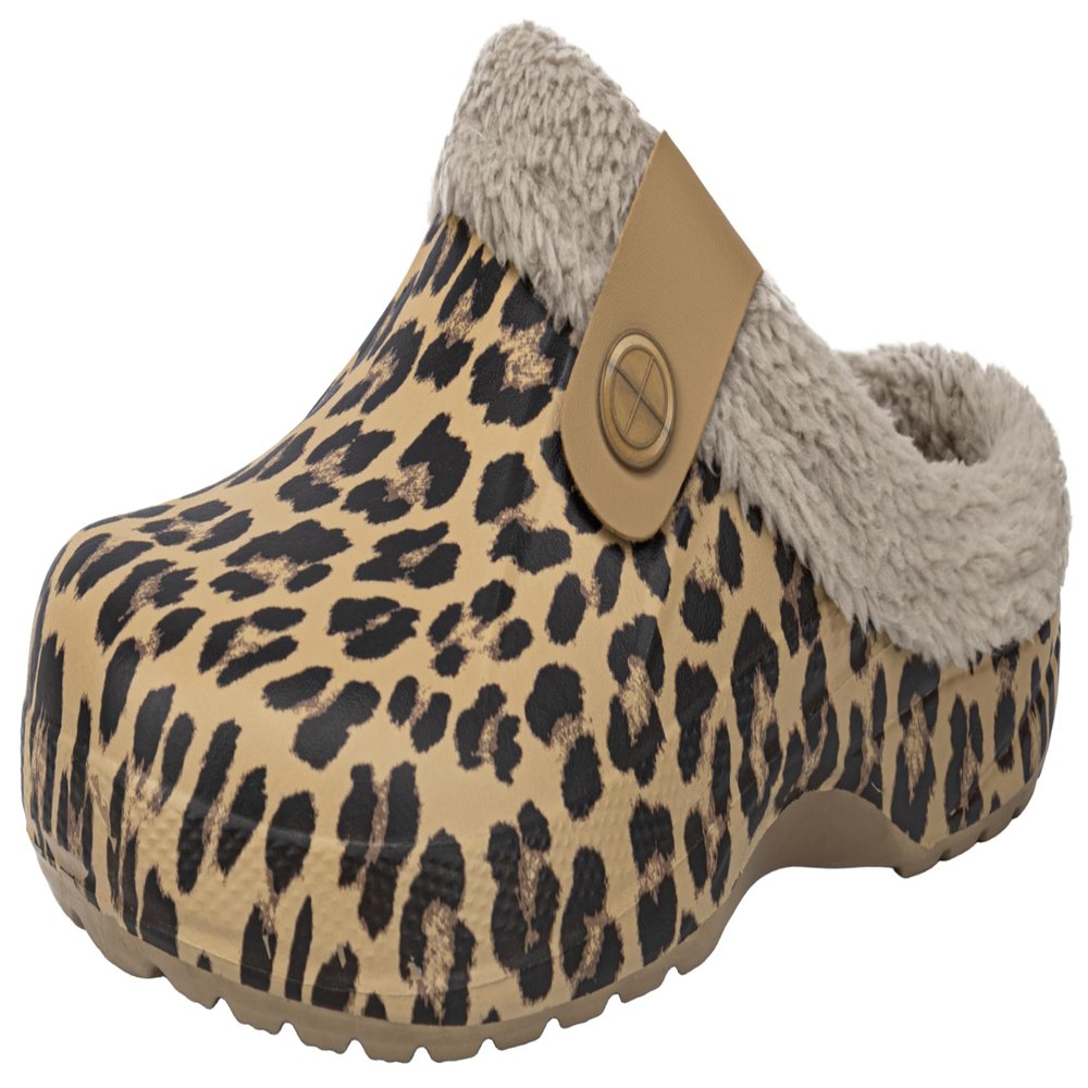 ChayChax Women and Men Fur Lined Clogs Memory Foam Warm Fuzzy Slippers Winter Waterproof Indoor Outdoor Slipper, Leopard Print, 8.5-9 Women/7.5-8 Men