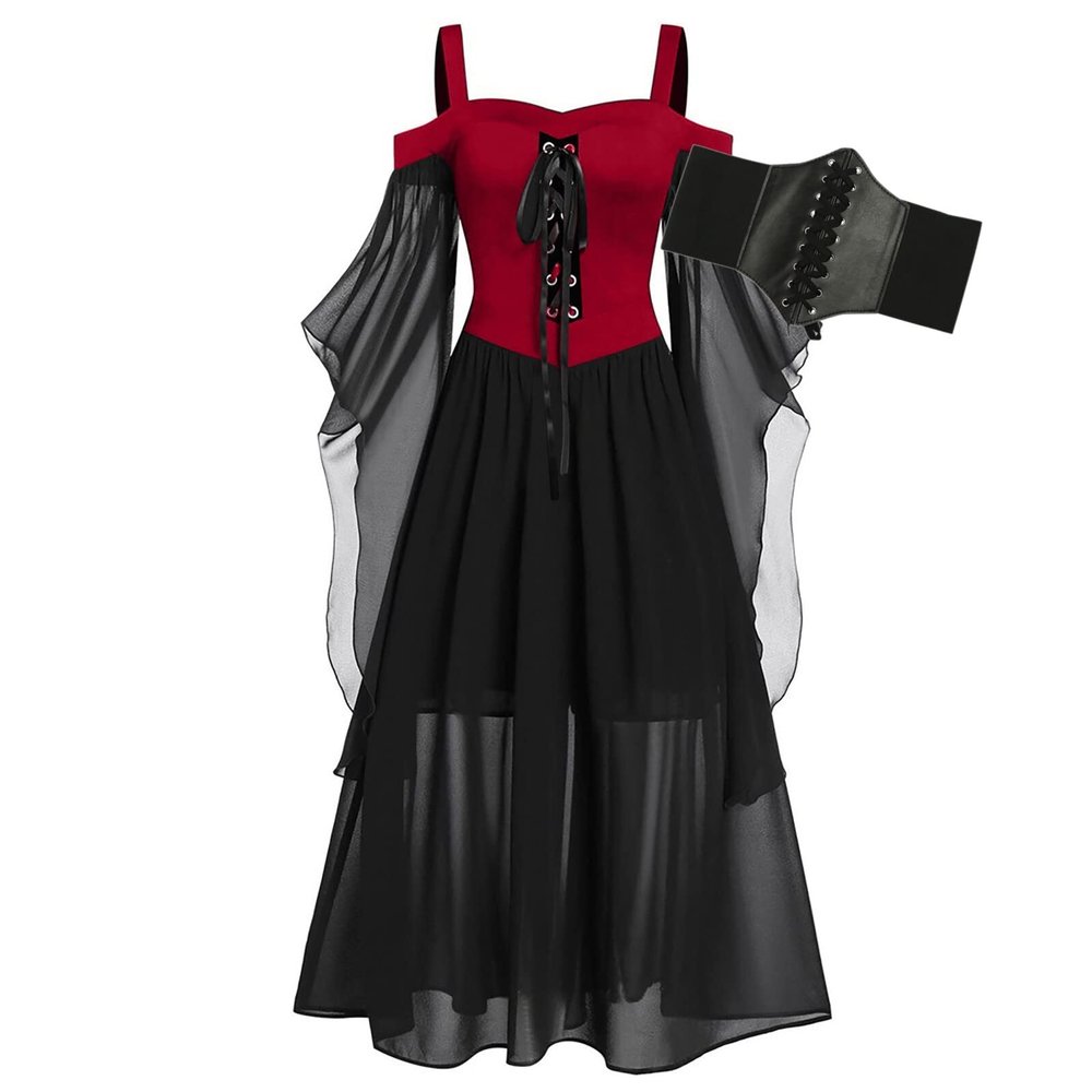 Medieval Costume Women with Corset, Gothic Clothes Cold Shoulder Steampunk Corset Dress Butterfly Sleeve Maxi Dress