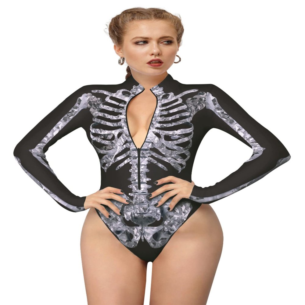 Honeystore Women's Skeleton Tight 1-Piece Swimsuit Halloween Party Bodycon Outfit BKAM-001 L