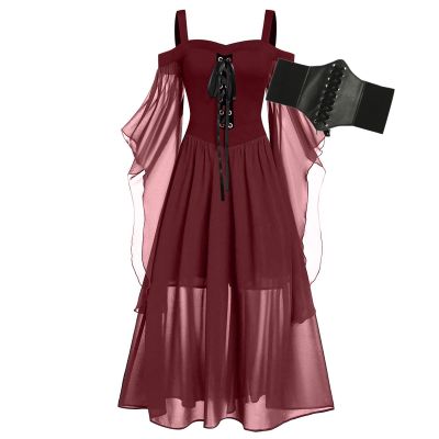 Medieval Costume Women with Corset, Gothic Clothes Cold Shoulder Steampunk Corset Dress Butterfly Sleeve Maxi Dress
