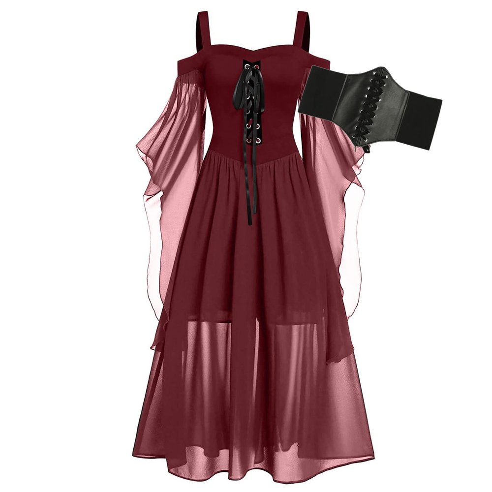 Medieval Costume Women with Corset, Gothic Clothes Cold Shoulder Steampunk Corset Dress Butterfly Sleeve Maxi Dress