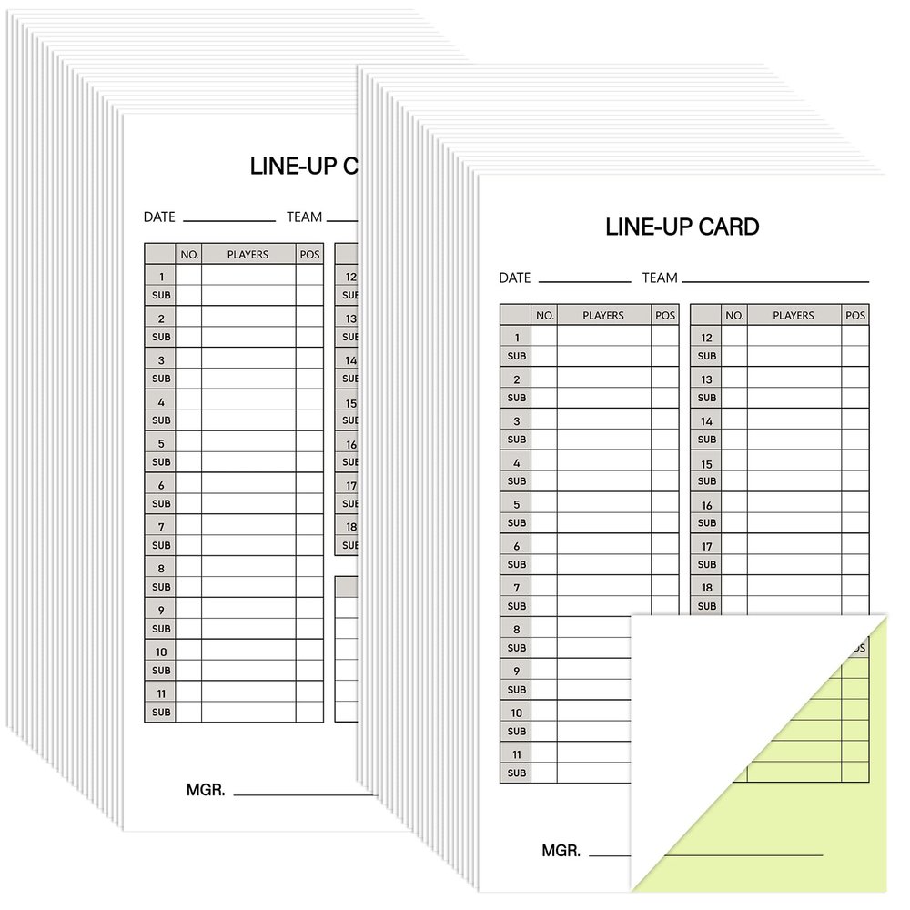 Geyee 50/100/200 Baseball Softball Lineup Cards 4.52 x 7.86 Inch Lineup Sheet Games with Player Roster Baseball Scorebook Coaching Accessories for Coaches Umpires, 4 Part Carbonless Copies(50 Sets)