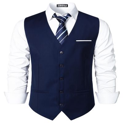 ZEROYAA Men's Hipster Urban Design 3 Pockets Business Formal Dress Vest for Suit Tuxedo ZLSV16-1-Navy White X-Large
