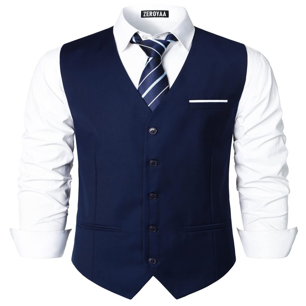 ZEROYAA Men's Hipster Urban Design 3 Pockets Business Formal Dress Vest for Suit Tuxedo ZLSV16-1-Navy White X-Large