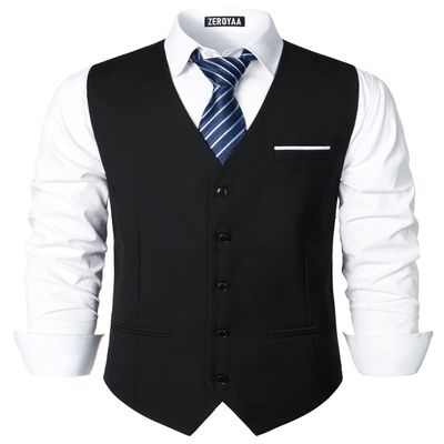 ZEROYAA Men's Hipster Urban Design 3 Pockets Business Formal Dress Vest for Suit Tuxedo ZLSV16-1-Black White Medium
