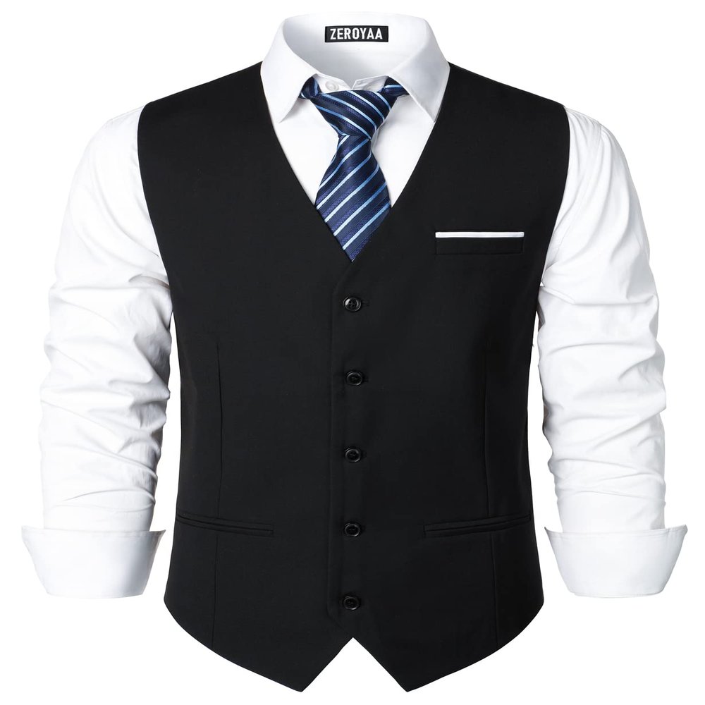 ZEROYAA Men's Hipster Urban Design 3 Pockets Business Formal Dress Vest for Suit Tuxedo ZLSV16-1-Black White Medium