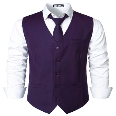 ZEROYAA Men's Hipster Urban Design 3 Pockets Business Formal Dress Vest for Suit Tuxedo ZLSV16-Dark Purple XX-Large