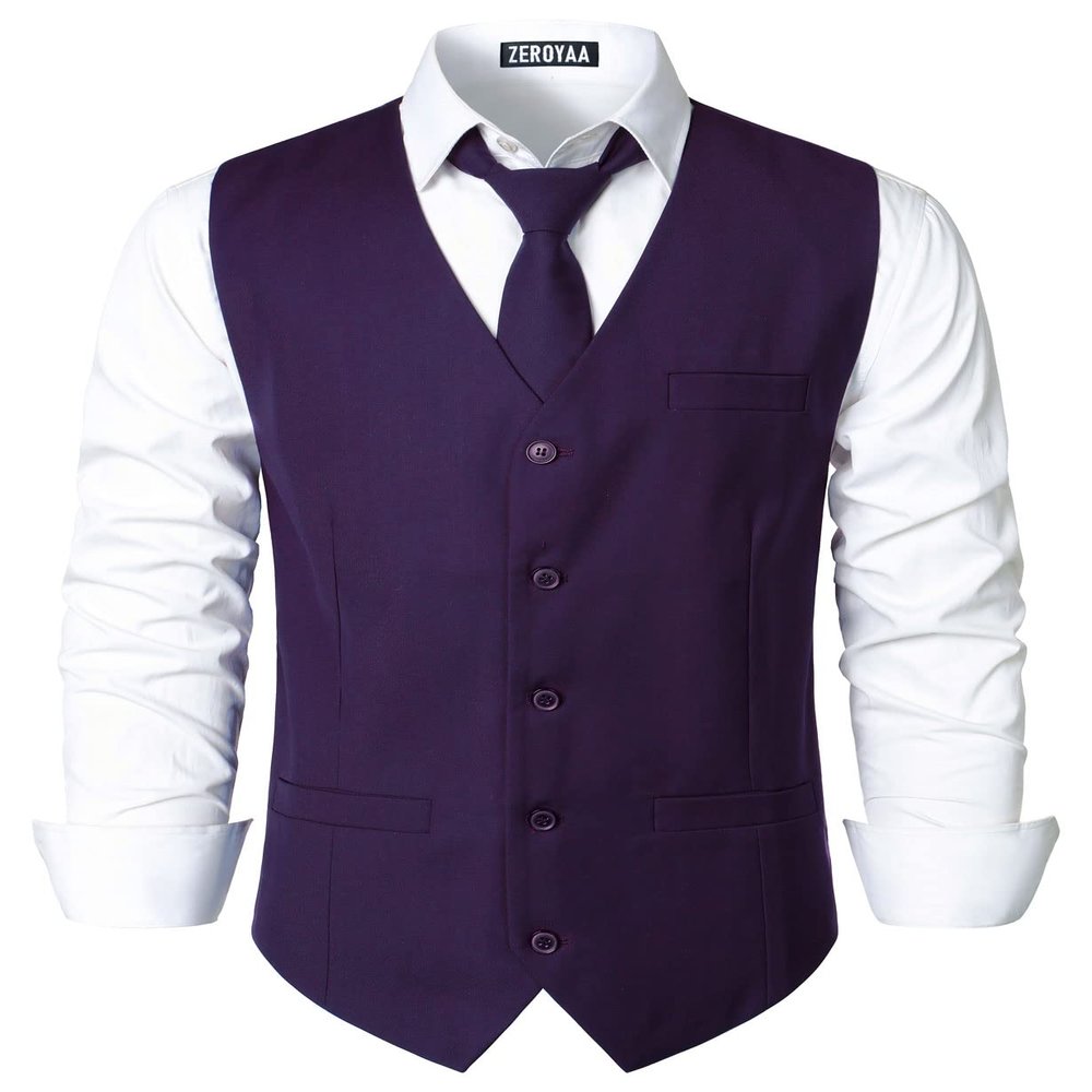 ZEROYAA Men's Hipster Urban Design 3 Pockets Business Formal Dress Vest for Suit Tuxedo ZLSV16-Dark Purple XX-Large