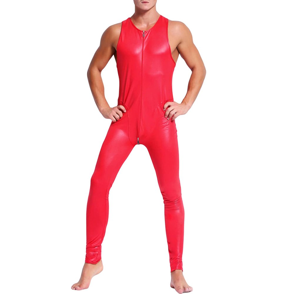 JEShifangjiusu Men'S Shiny Patent Leather Catsuit Full Body Tight Zipper Jumpsuit Crotch Zip Clubwear Leggings Clothing (Red,Medium)