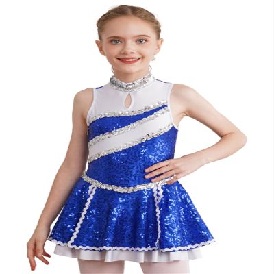 Oyolan Kids Girls Shiny Sequins Cheer Leader Uniform Outfit Sleeveless Zipper Back Cheerleading Dance Dress Royal Blue 10 Years